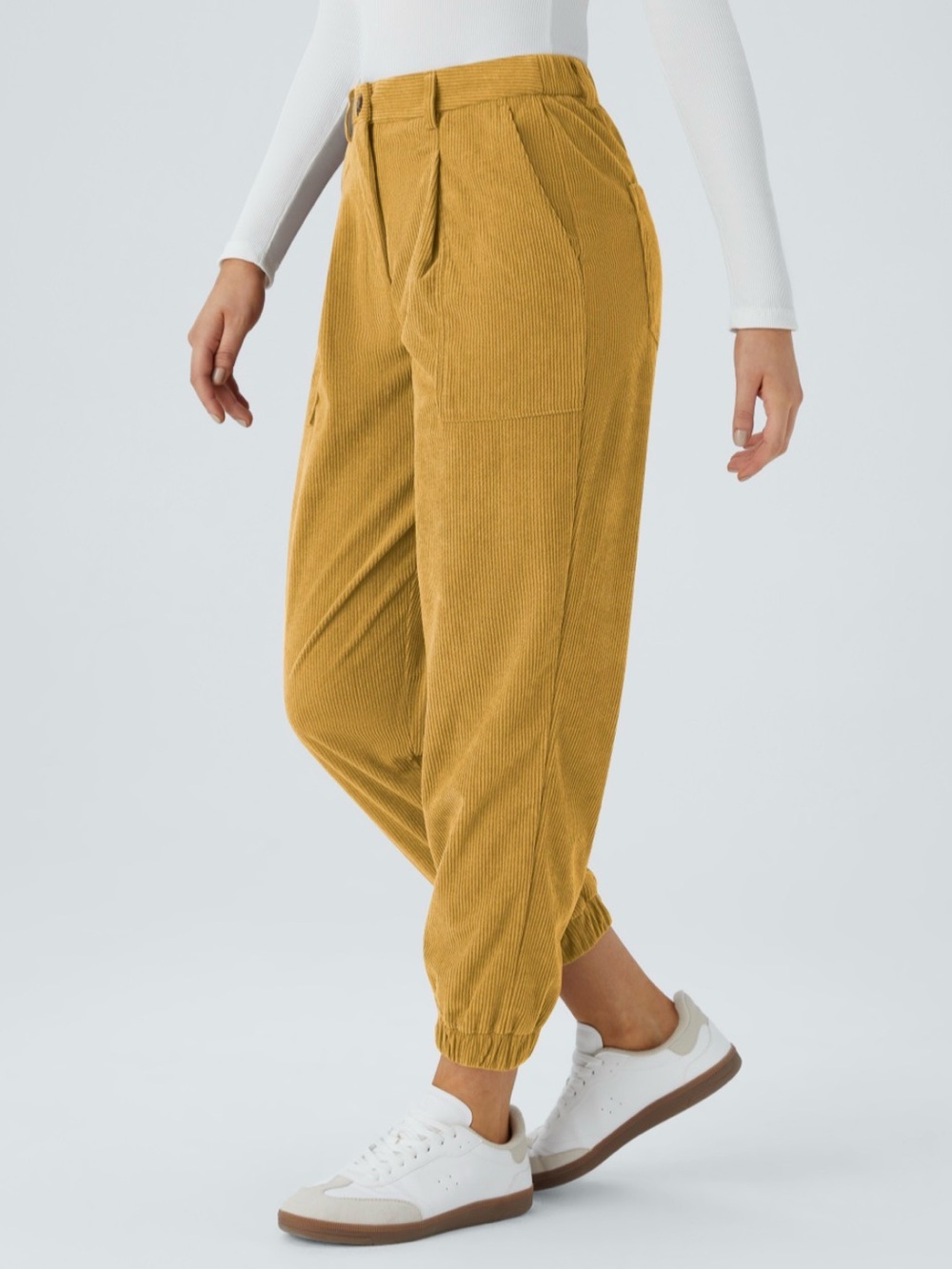 Mid Rise Zipper Pockets Corduroy Casual Joggers - Amber Gold